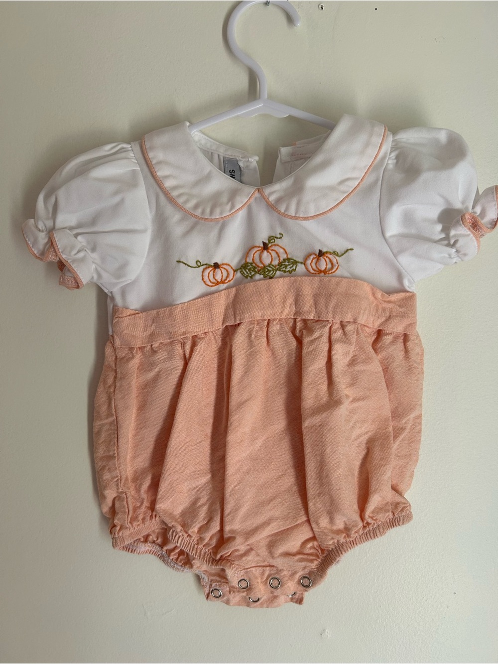 Sweet Dreams Embroidered Pumpkin Bubble Romper in Peach & White